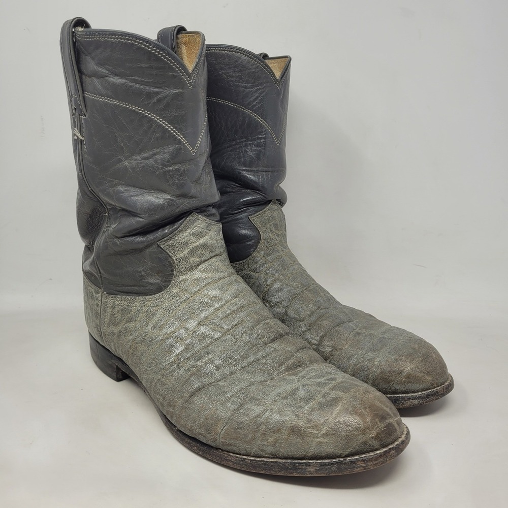 VTG Justin Boots 10.5E Gray Leather Elephant Print RARE Western Cowboy 3019 USA